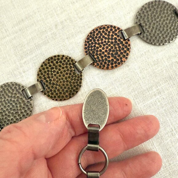 Vintage Hammered Metal Disc Chain Belt Adjustable Length Bronze & Silver Tones - Picture 5 of 11